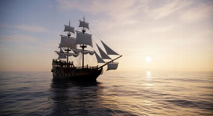 Sailing into the Horizon: A majestic ship sails gracefully across the vast ocean under a vibrant sunset, evoking a sense of adventure and timeless beauty.