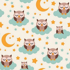 Obraz premium Seamless pattern of cute sleeping owls perched on fluffy clouds under a starry night sky with crescent moons