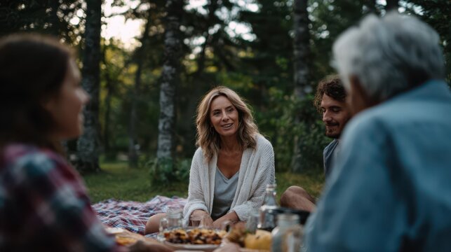 Relaxed family gathering outdoors sharing food and conversation on a picnic blanket in the forest, enjoying a peaceful summer afternoon surrounded by trees and soft natural light - Powered by Adobe