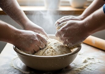 Collaborative kitchen activity showcasing dough preparation within an inviting culinary setting
