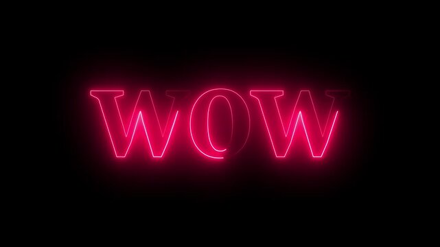 Neon luxury wow text animation. Wow neon sign animation. Glowing neon lines wow text animation on black background.