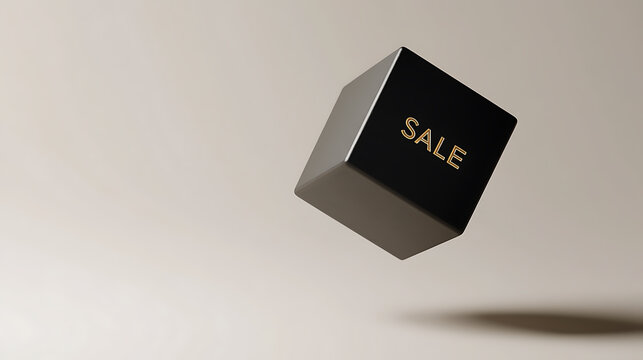 A sleek black cube hovers, announcing a sale in elegant gold lettering. A minimalist design that signals savings in style, drawing the eye with its promise of value.