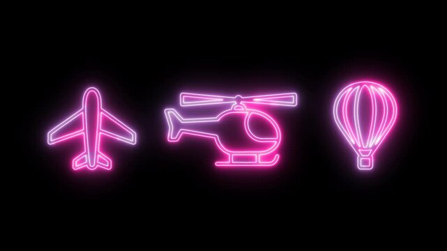 Neon air travel icons plane, helicopter, hot air balloon. Glowing pink outline against a alpha channel transparency
