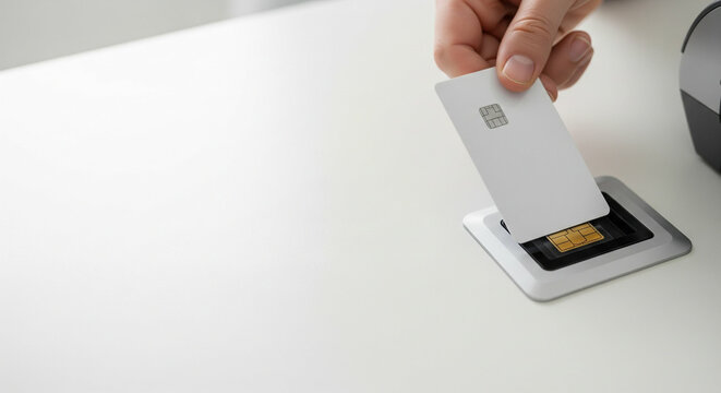 Close-up of a hand inserting a white credit card into a payment terminal on a white table.