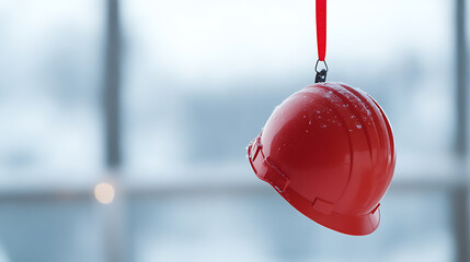 A festive red safety helmet adorned with delicate snowflakes hangs by a red ribbon, offering a playful twist on holiday decor, showcasing the spirit of safety and celebration.