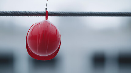 A vibrant red hard hat suspended from a thick cable by a thin red strap. The protective headgear shines slightly. The background is blurred, creating a striking contrast.