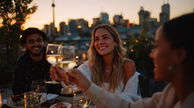 Smiling friends toasting glasses of white wine during rooftop dinner at sunset, enjoying food, laughter, and city skyline views in a warm and relaxed evening atmosphere