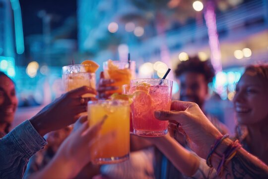 Friends toasting with colorful cocktails at night party under neon lights showing celebration friendship and vibrant nightlife atmosphere - Powered by Adobe