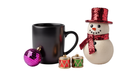 A festive christmas scene featuring a black mug a sparkly snowman ornament a purple bauble and two miniature drum decorations isolated on transparent background