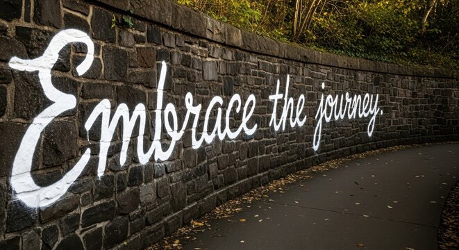 Inspirational wall art on curved stone pathway with autumn leaves