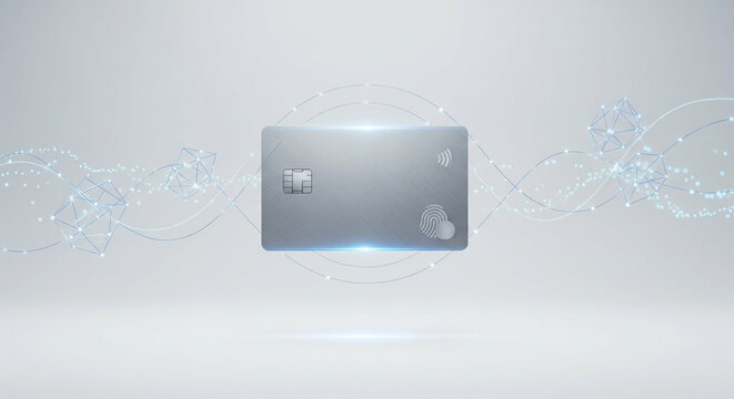 Close-up of a silver credit card with glowing blue lines on a light gray background