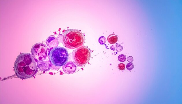 A vibrant, detailed image shows a cluster of cells with a pink and blue