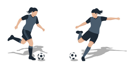 Dynamic female soccer players in action with footballs on white background