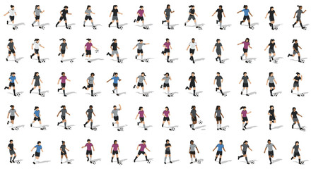 Diverse female soccer players in various action poses on white background