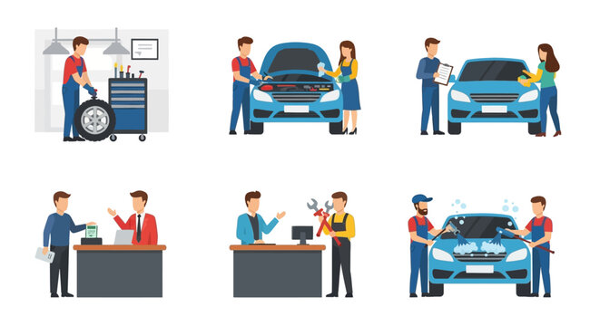 Vector Illustration of Car Mechanics and Service Station Scenes