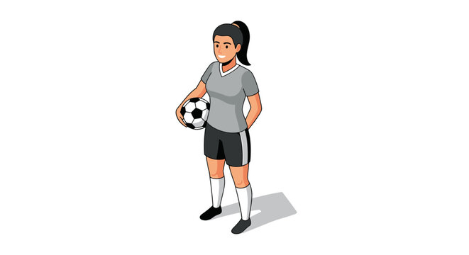 Female soccer player holding ball in sporty outfit