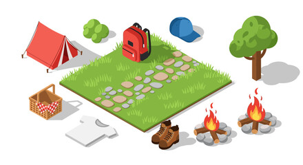 Outdoor camping adventure with tent, campfire, and gear in isometric style