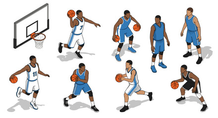 Dynamic isometric basketball players in motion on court