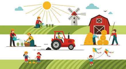 Vibrant flat design farm scene illustrating diverse agricultural activities with farmers, children, tractor, barn, windmill, and hay.