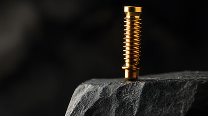 Close-up on a golden metal screw, its coils sharply defined, resting on a gray stone surface against a dark backdrop, highlighting industrial elegance and precision.