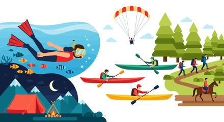 Vibrant Flat Design Illustration of Diverse Outdoor Adventure Activities: Snorkeling, Kayaking, Hiking, Camping, Paragliding, Horseback Riding