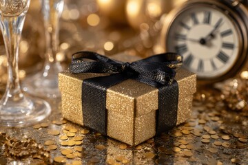 Glittering golden gift box with black ribbon surrounded by confetti champagne glasses and clock creating festive New Year celebration scene