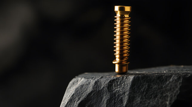 Close-up on a golden metal screw, its coils sharply defined, resting on a gray stone surface against a dark backdrop, highlighting industrial elegance and precision.