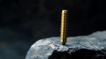 Macro shot of golden screw standing on gray rock, creating a striking contrast between the textures and colors, against a dark backdrop showcasing industrial details.