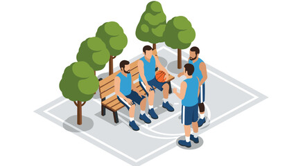 Isometric basketball players relaxing on outdoor court with trees and bench