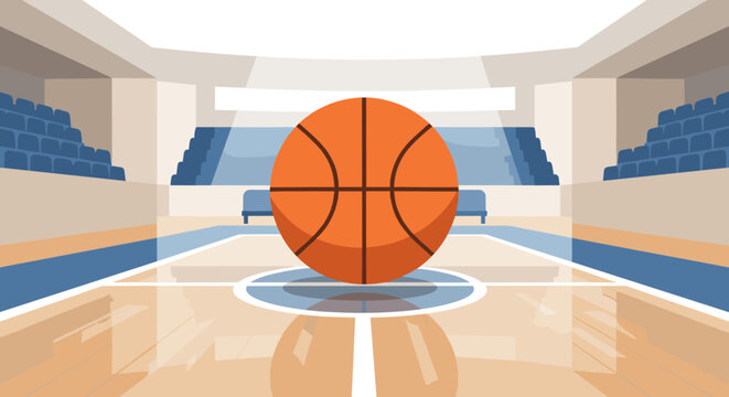 Modern basketball arena with ball highlighting court details and seating