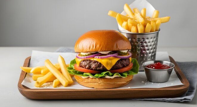 French fries and burger combo on a wooden tray, clean food styling for advertising.