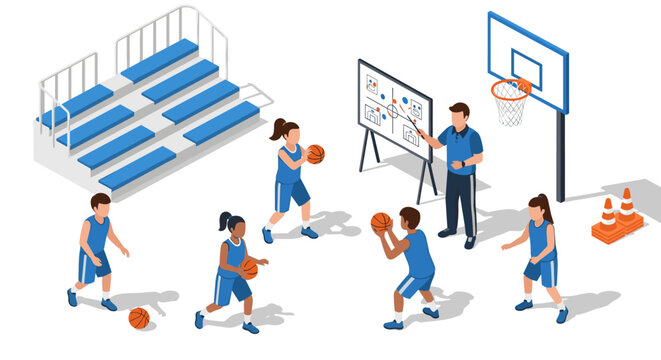 Basketball coaching session with team strategy and training in isometric style