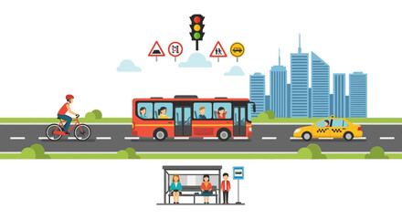 Vibrant flat vector city transportation scene: red bus, yellow taxi, cyclist, bus stop, traffic lights, road signs.