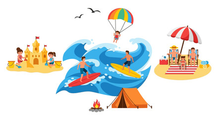 Vibrant Flat Vector Illustration: Summer Beach Vacation Activities with Sandcastle Building, Surfing, Parasailing, Sunbathing, and Camping