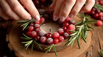 Woman crafting festive cranberry candle holder with rosemary, perfect for holiday ambiance and warm winter evenings, creating a cozy and inviting atmosphere