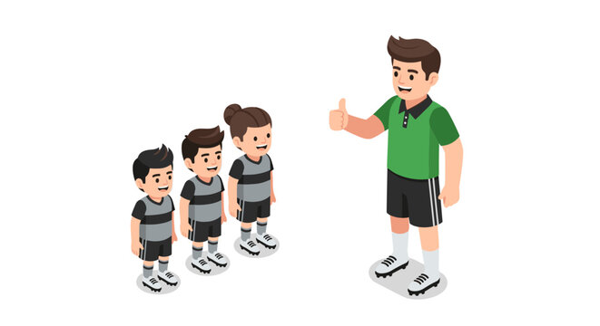 Coach encouraging young soccer players in isometric style cartoon