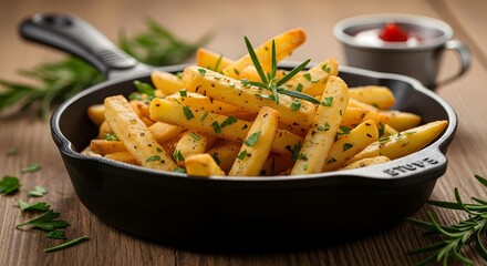 Crispy fries sprinkled with herbs inside a cast-iron skillet, rustic warm tones.