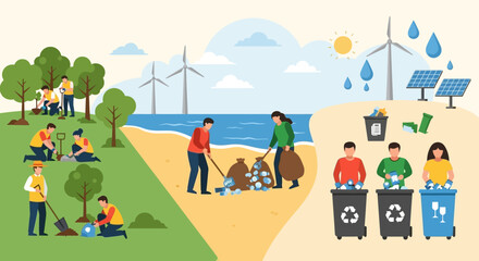 Volunteers Planting Trees, Cleaning Beach, and Recycling Waste for Environment