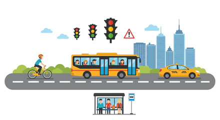 Yellow City Bus with Passengers, Driving on Road, Vector Illustration