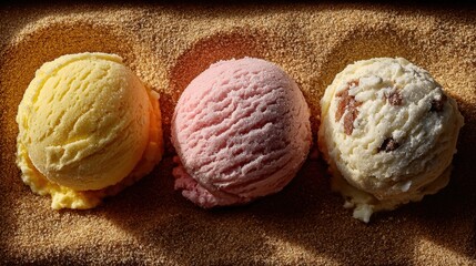 Fototapeta premium Three Delicious Ice Creams Melting on Sandy Beach Under Summer Sun