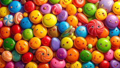 A colorful, joyful assortment of candies with smiling faces, close-up, top-down view