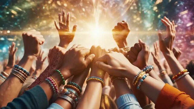 Creative artwork featuring a variety of hands lifted in solidarity, emphasizing inclusivity, teamwork, civic involvement, and the power of multicultural collaboration and shared voices

