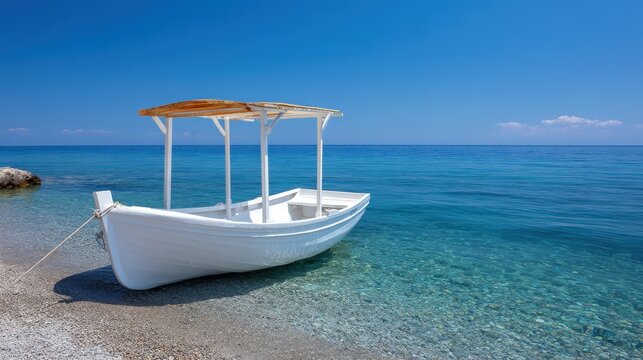 Serene White Boat on Crystal Clear Water in Lefkas, Greece under Bright Blue Sky