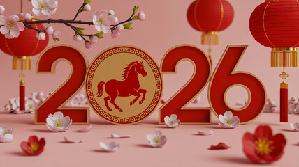 Happy new year 2026 year of the horse with red lanterns and cherry blossoms