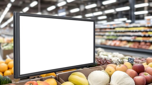 Blank display mockup in busy�produce aisle