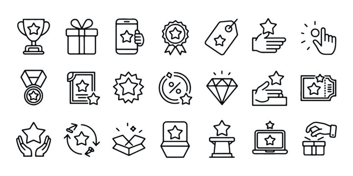 Loyalty Program and Customer Rewards Vector Icon Set - Bonus, Achievement, Ranking, and Star Line Art