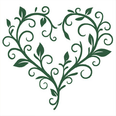 Black vector abstract floral heart ornament design with ornate scroll and leaf silhouette pattern