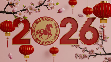  new year 2026 year of the horse celebration with red lanterns and cherry blossoms