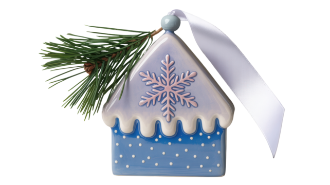 A charming blue and white ceramic house shaped christmas ornament with a snowflake design and pine sprigs isolated on transparent background