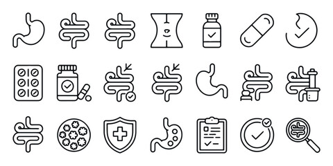 Gastroenterology and Digestion Health Vector Icon Set - Stomach, Intestine, Gut Biome, and Probiotic Line Art